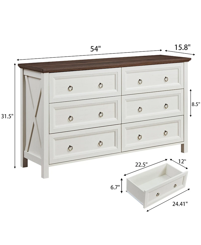 Farmhouse 6 Drawers Dresser for Bedroom, Wood Rustic Wide Chest of Drawers, Storage Dressers Organizer for Bedroom, Living Room, Hallway