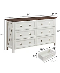 Farmhouse 6 Drawers Dresser for Bedroom, Wood Rustic Wide Chest of Drawers, Storage Dressers Organizer for Bedroom, Living Room, Hallway