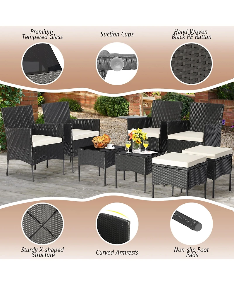 Gymax 8 Piece Patio Pe Rattan Sofa Set Outdoor Conversation Furniture Set w/ Ottoman Tables