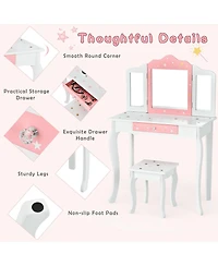 Kids Princess Vanity Table and Stool Set with Tri-folding Mirror and Drawer