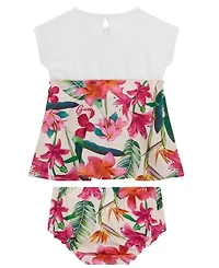Guess Baby Girls 2-Piece Mixed Fabric Short Sleeve Dress with Printed Bloomer Set