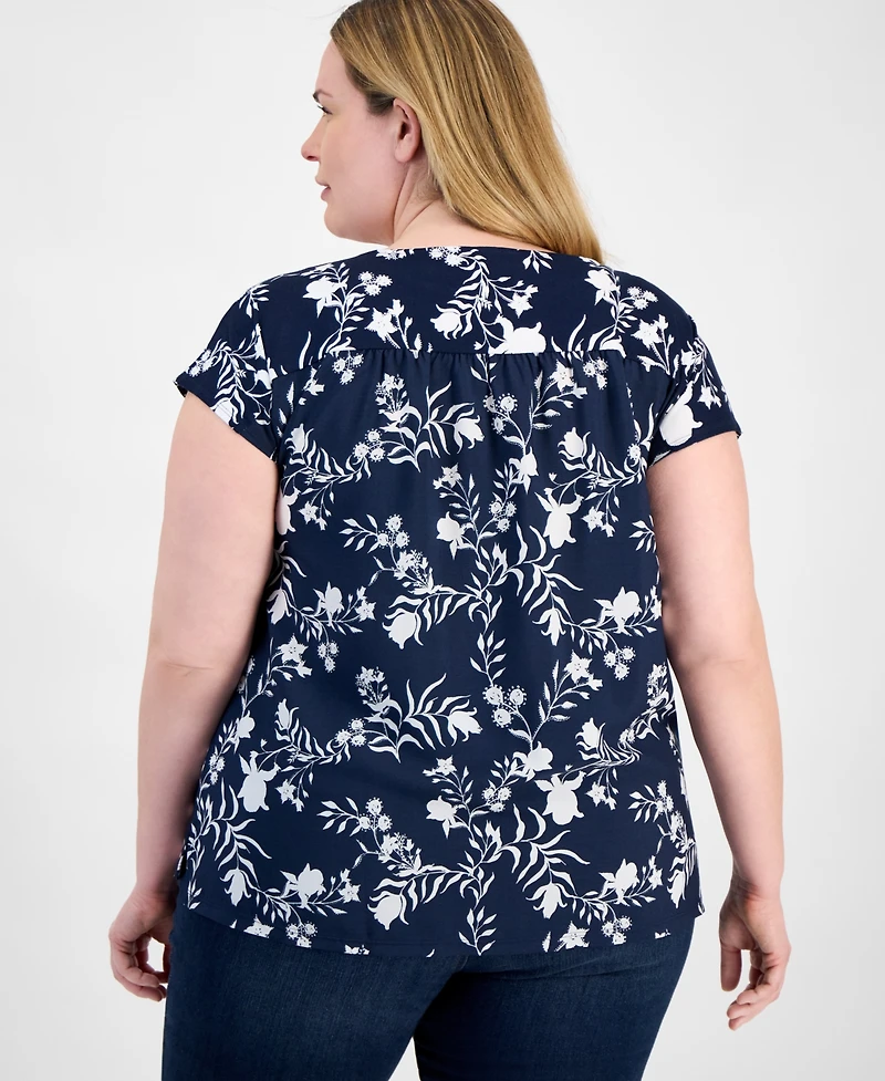 Style & Co Plus Size Printed Mixed-Media Relaxed Top, Exclusively at Macy's