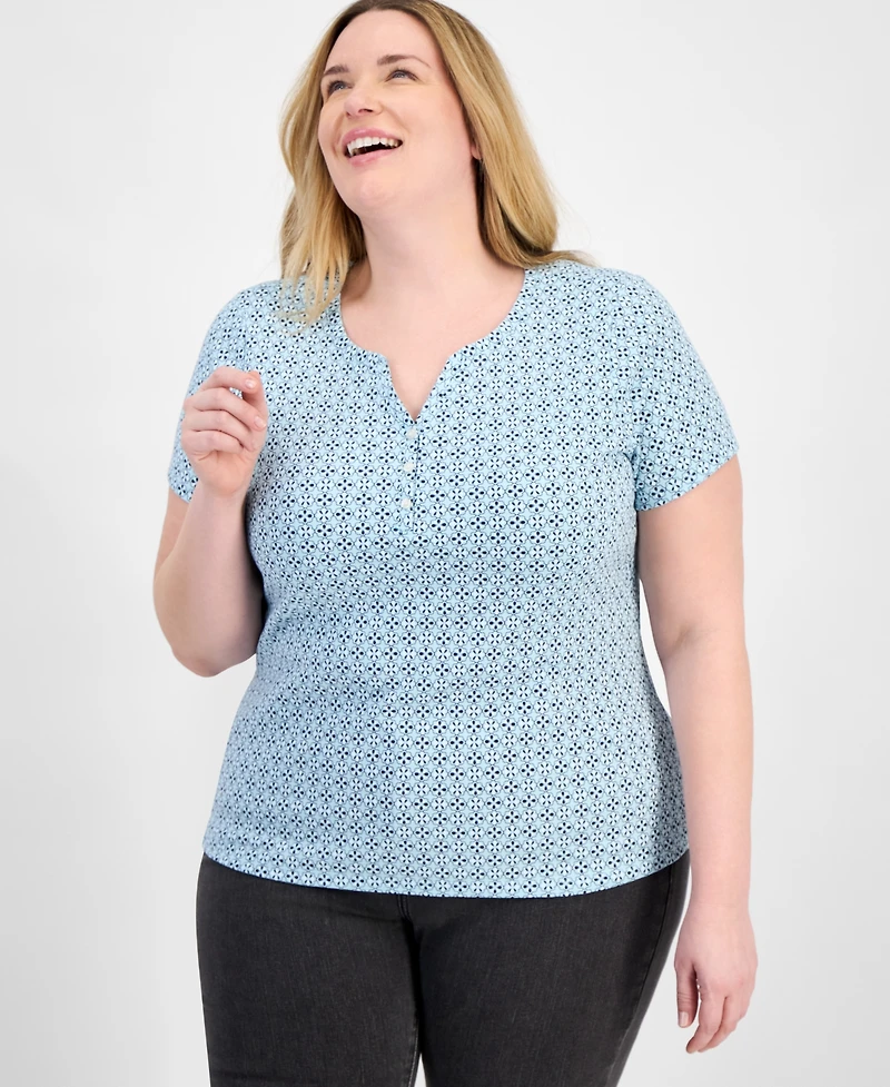 Style & Co Plus Size Printed Henley Top, Exclusively at Macy's