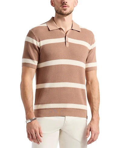 Men's Winder Short Sleeve Textured Striped Polo Sweater