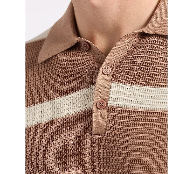 Men's Winder Short Sleeve Textured Striped Polo Sweater