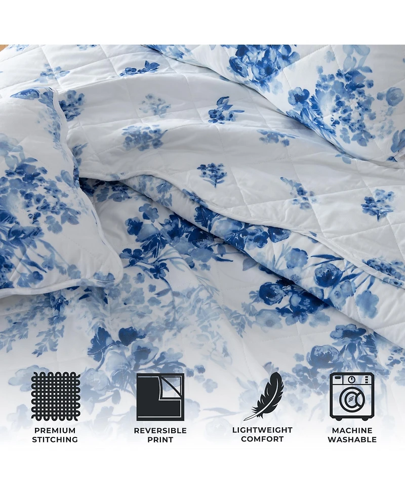Linery & Co. Blue Watercolor Florals Microfiber Quilt Set With Shams