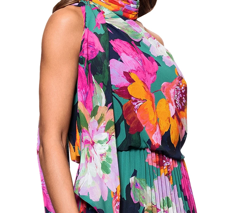 Xscape Women's Pleated Floral Chiffon Scarf Dress