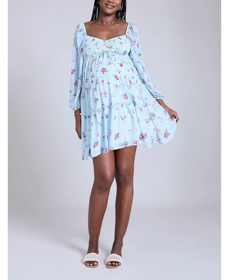 Motherhood Maternity Long Sleeve Front Tie Tiered Mini Dress