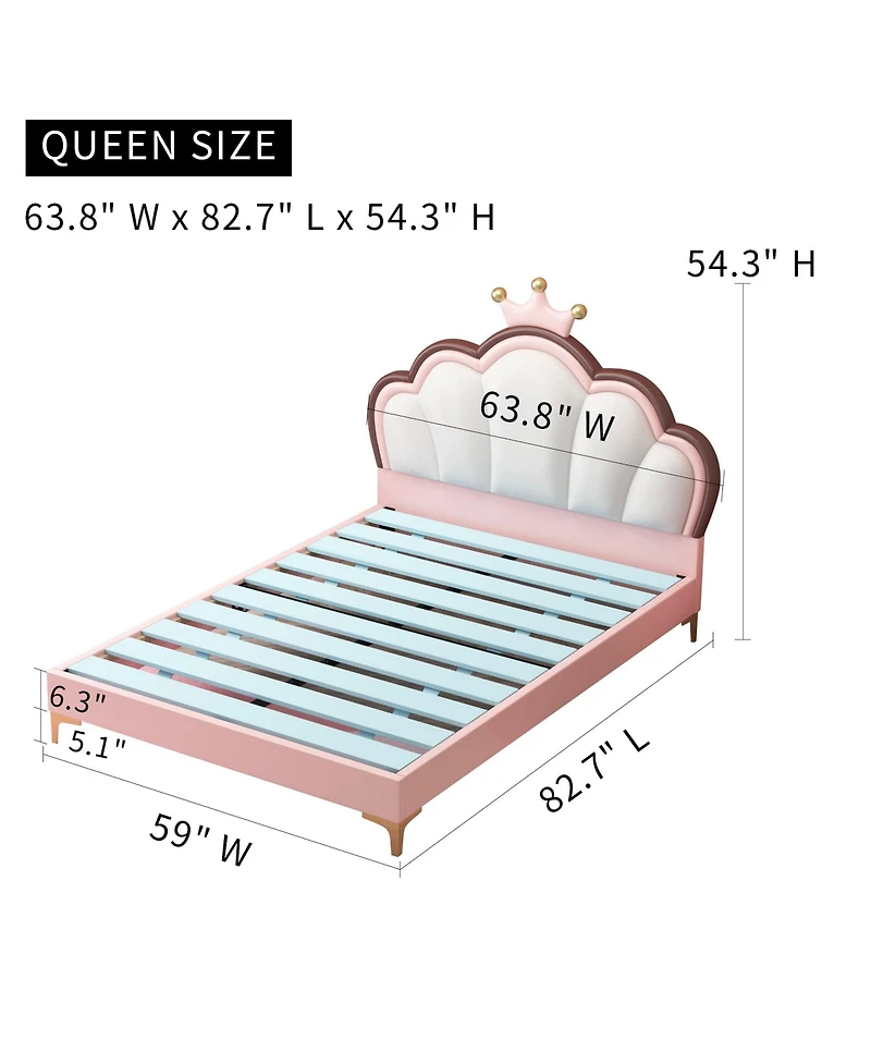 Queen Size Platform Bed Frame with Crown Shaped Headboard, Large Full Children's Bed Frame, Single Double Bed with Pu Leather Headboard