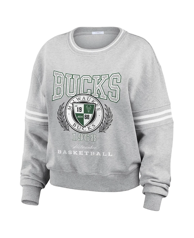 Wear by Erin Andrews Women's Heather Gray Milwaukee Bucks French Terry Pullover Sweatshirt