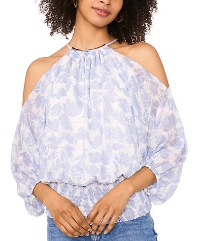 Sam & Jess Women's Printed Off-the-Shoulder Halter-Neck 3/4-Sleeve Blouse