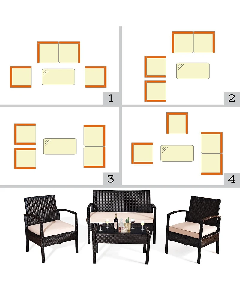 Gymax Piece Patio Rattan Set Sectional Sofa Glass Table w/ Cushions