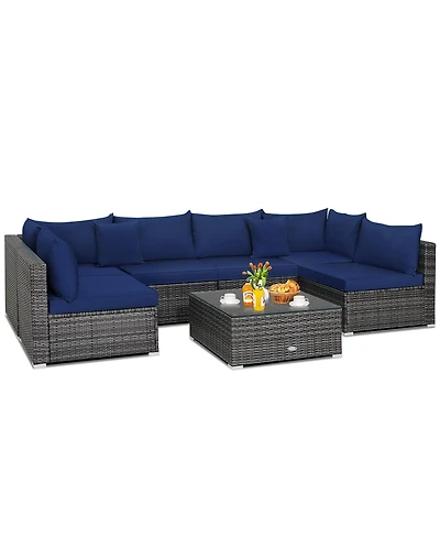 7PCS Patio Rattan Furniture Set Sectional Sofa Cushioned Garden