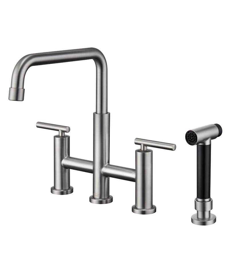 Bridge Kitchen Faucet with Side Sprayer Matte Black 8 Inch Double Handle Widespread Stainless Steel Sink