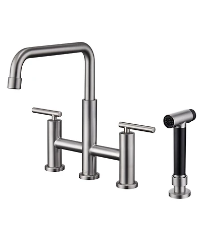 Bridge Kitchen Faucet with Side Sprayer Brushed Gold 8 Inch 4 Hole Double Handle Vintage Widespread Stainless Steel Sink