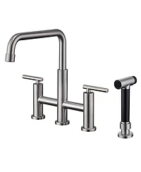 Bridge Kitchen Faucet with Side Sprayer Matte Black 8 Inch Double Handle Widespread Stainless Steel Sink