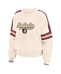 Wear by Erin Andrews Women's Cream Florida State Seminoles Chenille Woven Patch Stripe Pullover Sweater