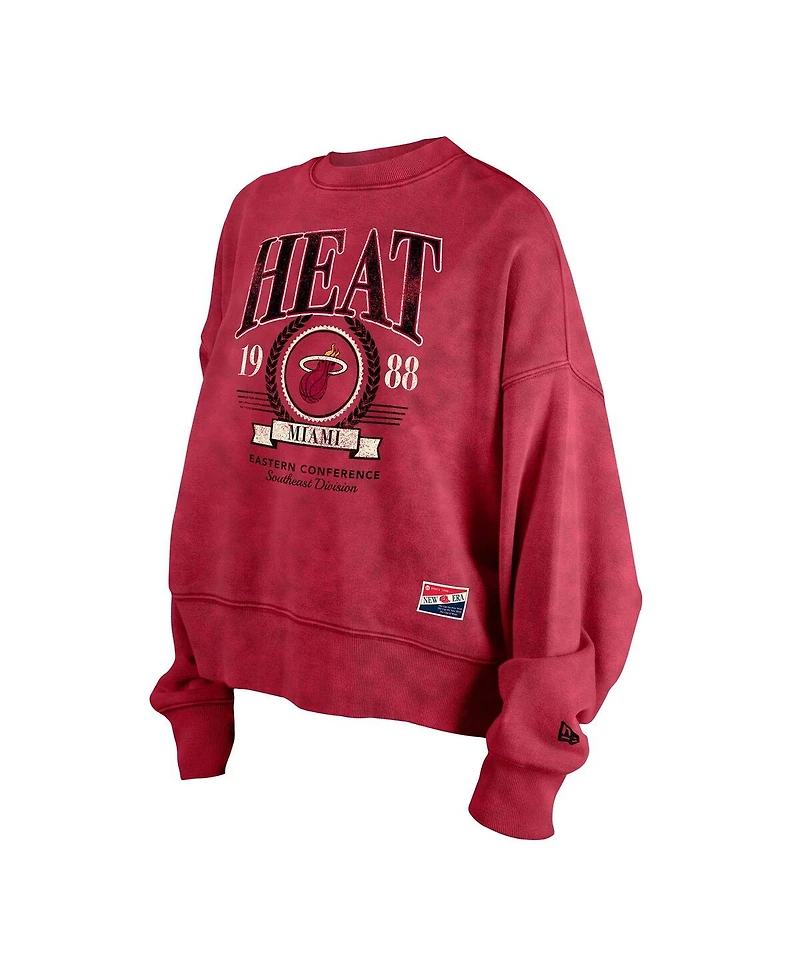 New Era Women's Red Miami Heat Hardwood Classics Enzyme Wash Oversized Boxy Pullover Sweatshirt