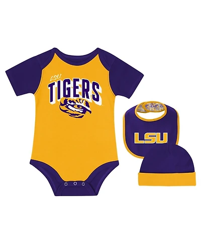 Outerstuff Baby Boys and Girls Lsu Tigers Dynamic Duo Bodysuit, Bib Cuffed Knit Hat Set