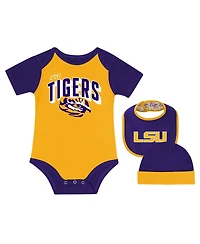 Outerstuff Baby Boys and Girls Lsu Tigers Dynamic Duo Bodysuit, Bib Cuffed Knit Hat Set