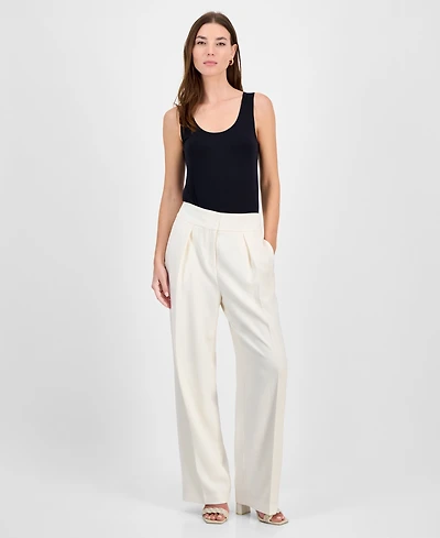 Bar Iii Women's Crepe High Rise Pleated Wide-Leg Pants, Exclusively at Macy's