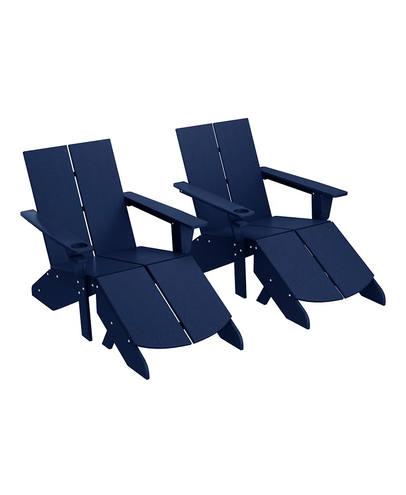 Outdoor 4-Piece Hdpe Modern Adirondack Chairs Set with Folding Patio Ottomans and Cup Holder