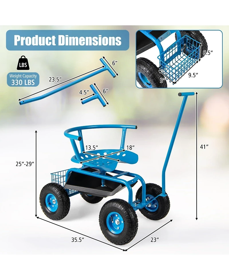 Rolling Garden Cart with Height Adjustable Swivel Seat and Storage Basket