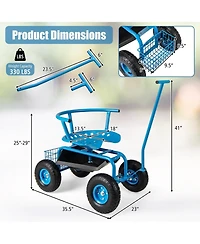 Rolling Garden Cart with Height Adjustable Swivel Seat and Storage Basket