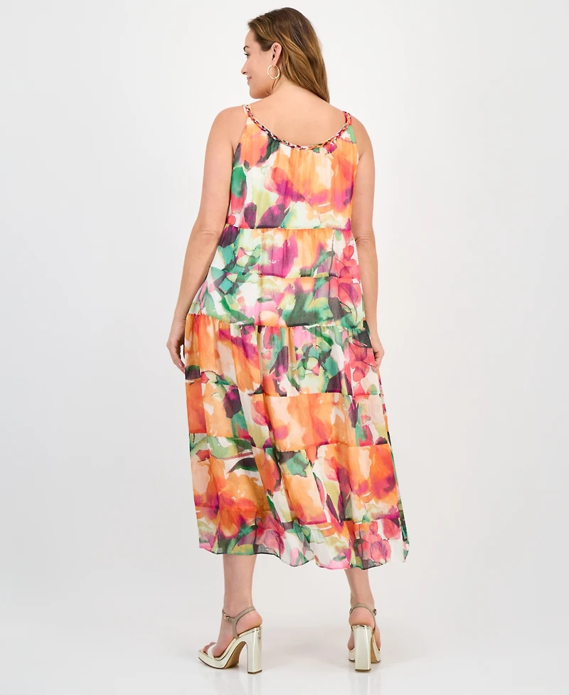Robbie Bee Plus Size Printed Sleeveless Tiered Midi Dress