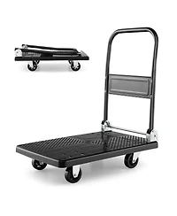 Folding Push Cart Dolly, Moving Platform Hand Truck w/ 360° Swivel Wheels, Spacious & Non-Slip Loading Area, Rolling Flatbed Cart for Loading & S