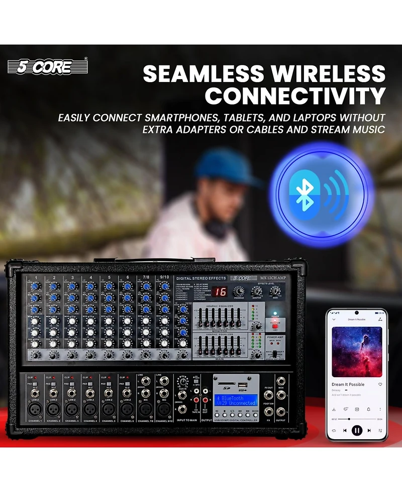 5 Core Audio Mixer 4800W Powered 12 Channel 240V Mixer System Usb MP3 Bluetooth Sd readers Digital Lcd Display