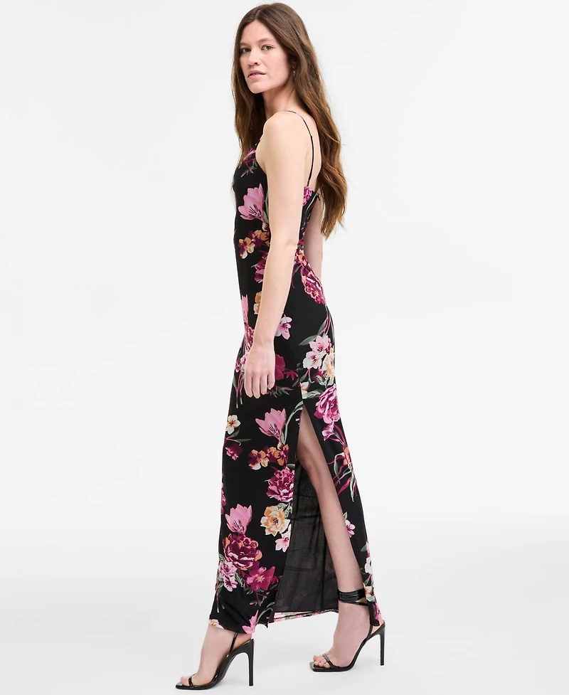 B Darlin Juniors' Cowlneck Side-Slit Floral-Print Slip Dress