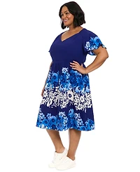 London Times Plus Placed-Floral Flutter-Sleeve Dress