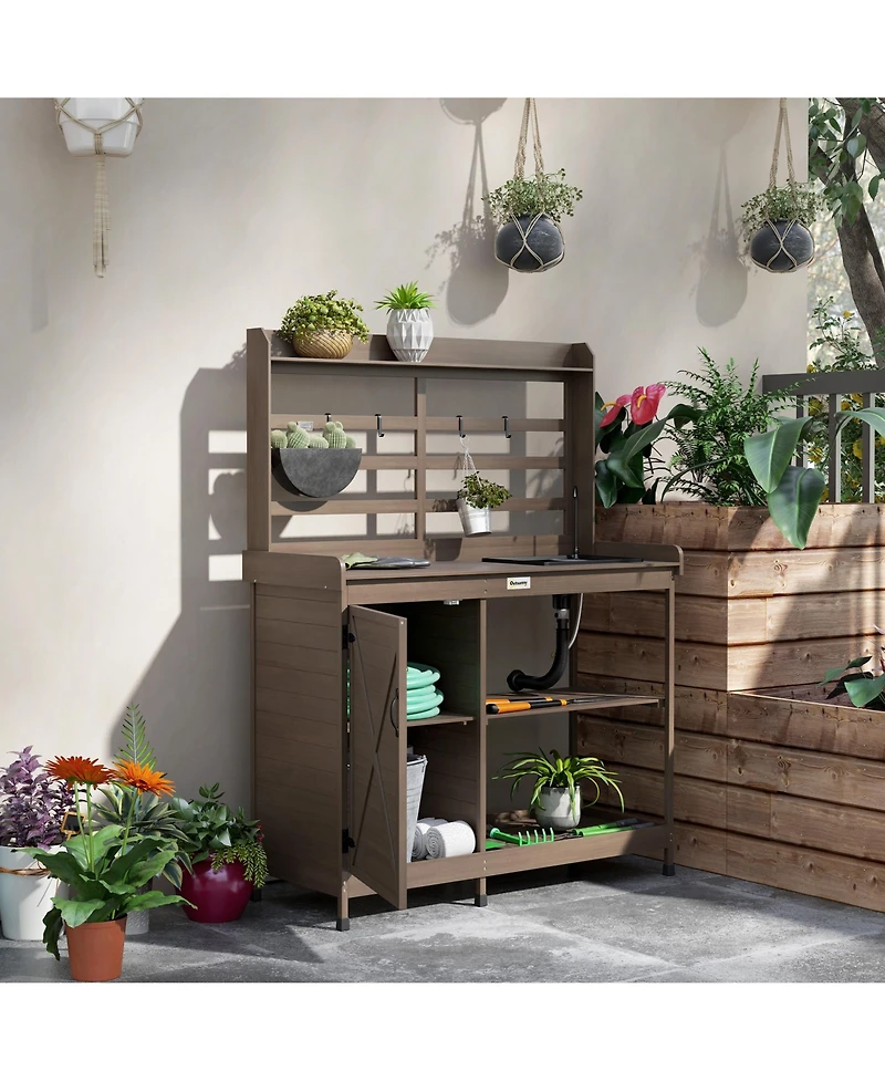Outsunny Wooden Potting Bench with Storage, Sink, Water Tap,