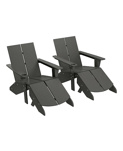 Outdoor 4-Piece Hdpe Modern Adirondack Chairs Set with Folding Patio Ottomans and Cup Holder