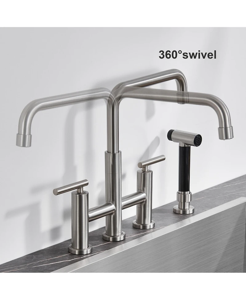 Bridge Kitchen Faucet with Side Sprayer Matte Black 8 Inch Double Handle Widespread Stainless Steel Sink