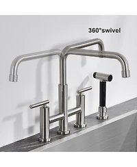 Bridge Kitchen Faucet with Side Sprayer Matte Black 8 Inch Double Handle Widespread Stainless Steel Sink