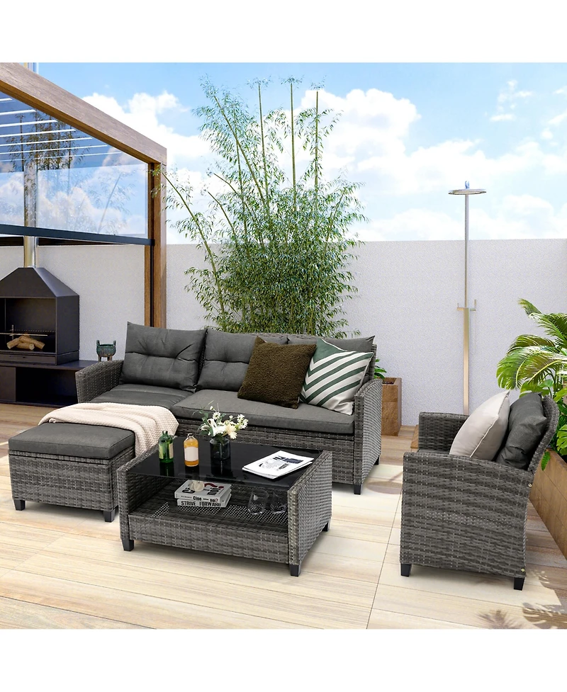 Gymax 4 Piece Rattan Outdoor Conversation Sectional Sofa Set Patio Furniture Set w/ Cushions