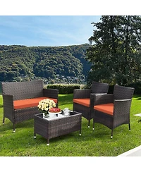 Gymax Set of Outdoor Patio Rattan Conversation Furniture Set w/ Cushion Table