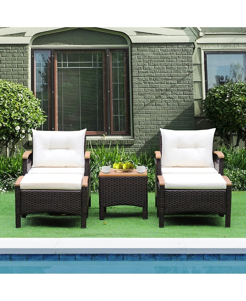 Gymax 5 Piece Pe Wicker Lounge Chair Outdoor Patio Rattan Furniture Set w/ Wood Tabletop Cushions