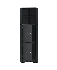 Tall Bathroom Corner Cabinet, Freestanding Storage Cabinet with Doors and Adjustable Shelves, Mdf Board, Black