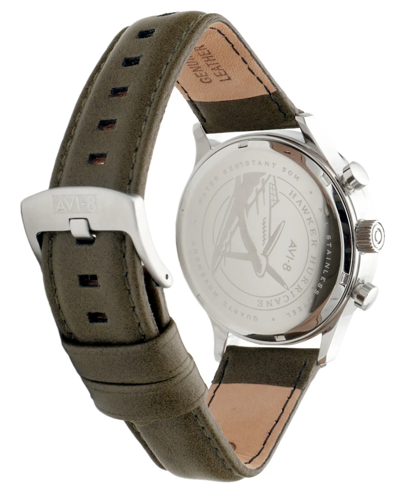 Avi-8 Men's Hawker Hurricane Classic Chronograph Khaki Leather Strap Watch, 43.5mm