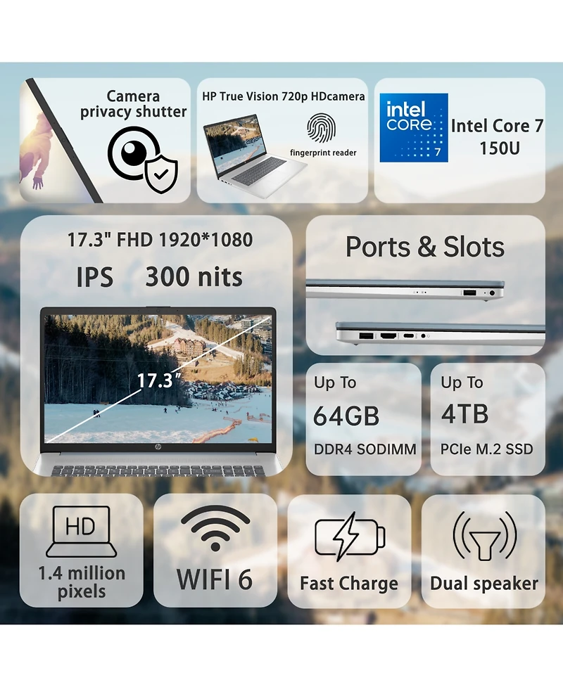 Hp Essential 17.3" Daily Traditional Laptop Intel Core 7 150U 8GB Ram Intel Integrated Graphics 512GB Ssd Storage Windows 11 Home Fhd 60Hz - Blue