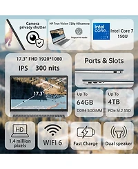 Hp Essential 17.3" Daily Traditional Laptop Intel Core 7 150U 8GB Ram Intel Integrated Graphics 512GB Ssd Storage Windows 11 Home Fhd 60Hz - Blue