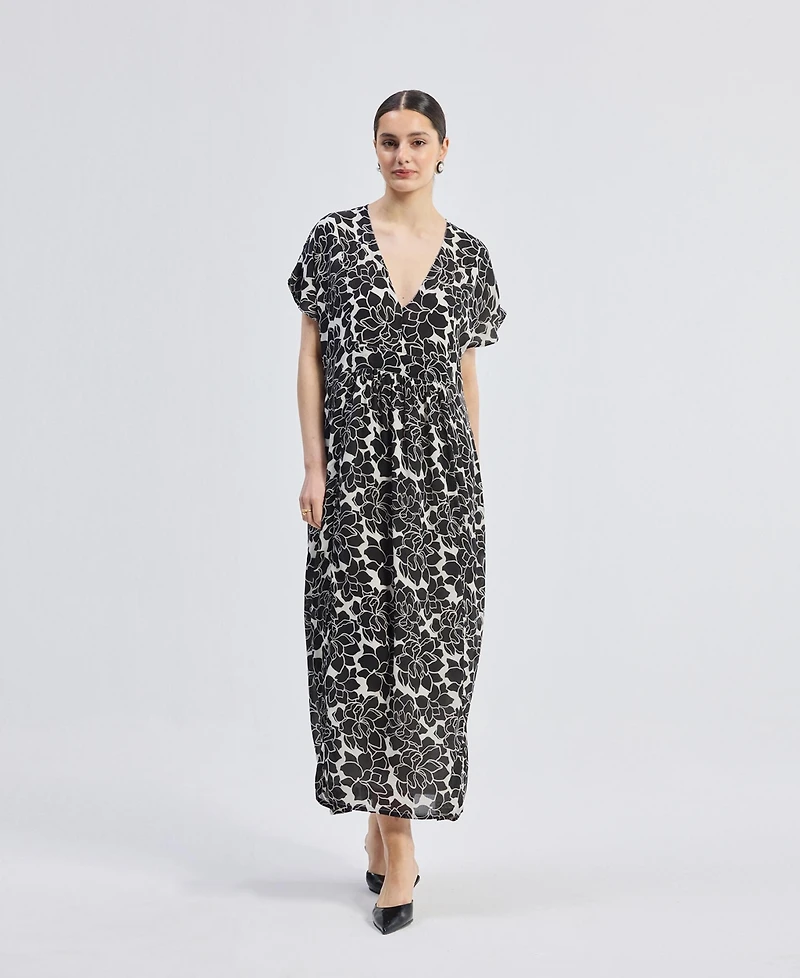 Reistor Women's Deep V-neck Maxi Dress with Front Gathers Black Florals