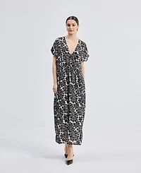 Reistor Women's Deep V-neck Maxi Dress with Front Gathers Black Florals