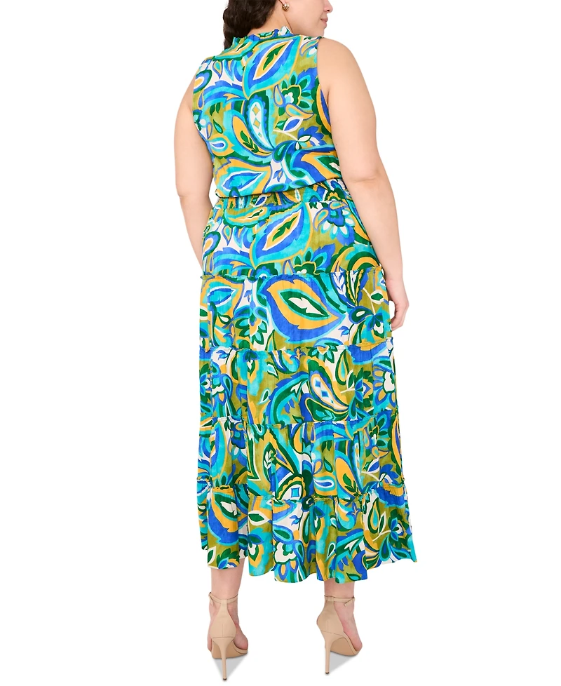 Msk Plus Size Printed Split-Neck Smocked-Waist Tiered Dress