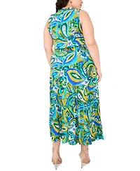 Msk Plus Size Printed Split-Neck Smocked-Waist Tiered Dress
