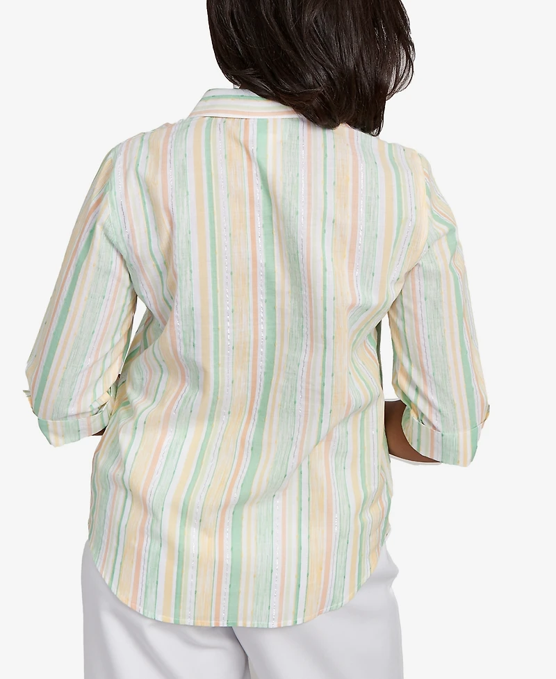 Alfred Dunner Petite Rise & Shine Sunny Stripes Button Down Top