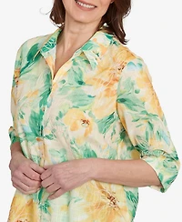 Alfred Dunner Petite Rise & Shine Watercolor Floral Tie Sleeve Button Down Top